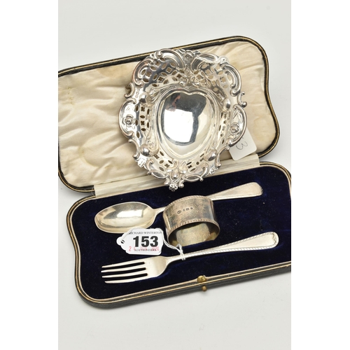 153 - A CASED EARLY 20TH CENTURY SILVER CHRISTENING SET AND A LATE VICTORIAN SILVER BON BON DISH, the chri... 