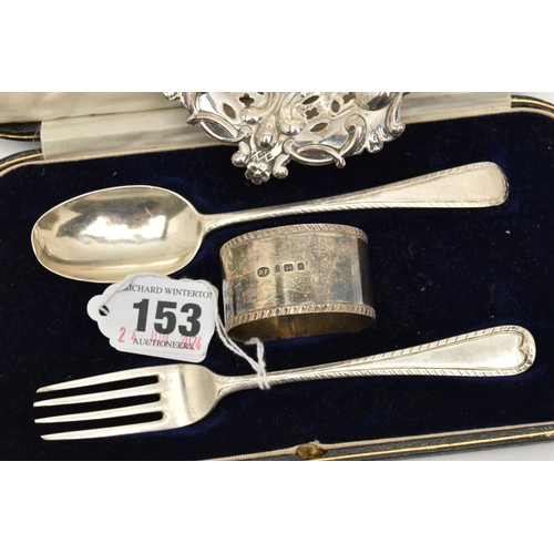 153 - A CASED EARLY 20TH CENTURY SILVER CHRISTENING SET AND A LATE VICTORIAN SILVER BON BON DISH, the chri... 