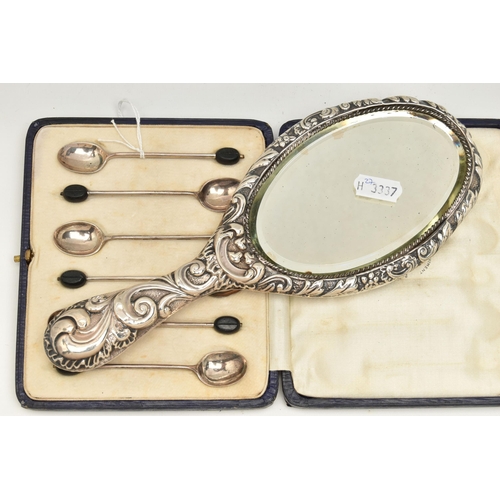 156 - A SET OF MAPPIN & WEBB SILVER COFFEE SPOONS AND A HAND HELD MIRROR, the cased set of coffee spoons w... 