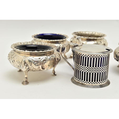 160 - A SET OF FOUR VICTORIAN SILVER CAULDRON SALTS AND AN EDWARDIAN SILVER MUSTARD, the salts with foliat... 