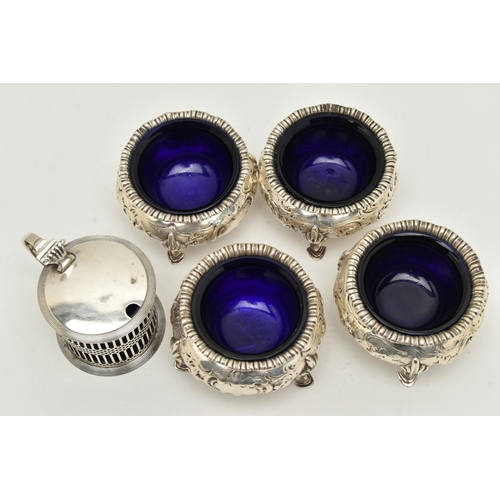 160 - A SET OF FOUR VICTORIAN SILVER CAULDRON SALTS AND AN EDWARDIAN SILVER MUSTARD, the salts with foliat... 