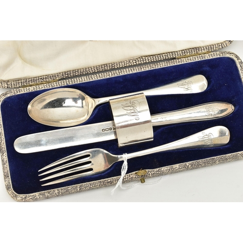 161 - A SMALL GROUP OF SILVER, comprising a cased christening set of Rat tail pattern fork and spoon with ... 