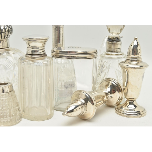 164 - A BOX OF ASSORTED SILVER TOPPED TOILET JARS AND SCENT BOTTLES, to include a round glass scent bottle... 