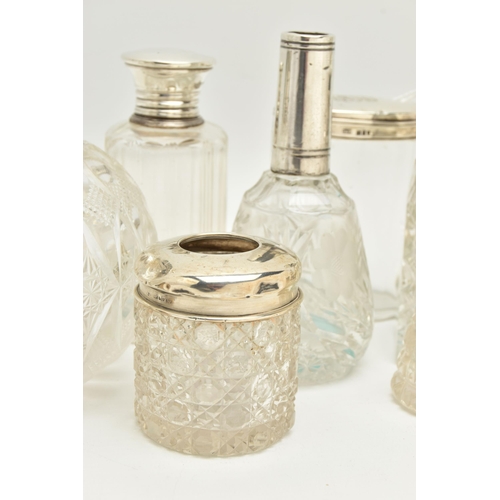 164 - A BOX OF ASSORTED SILVER TOPPED TOILET JARS AND SCENT BOTTLES, to include a round glass scent bottle... 