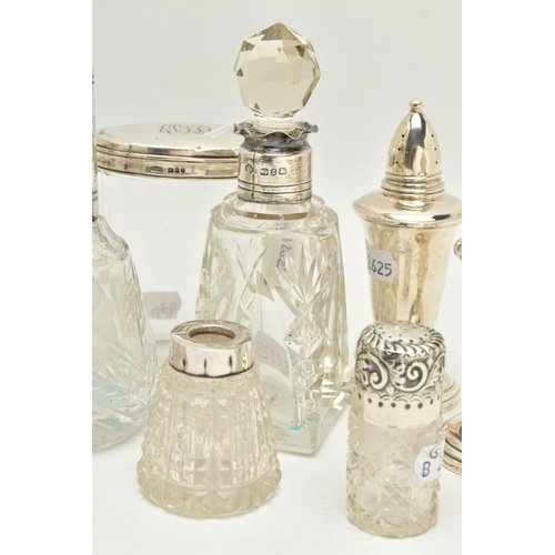 164 - A BOX OF ASSORTED SILVER TOPPED TOILET JARS AND SCENT BOTTLES, to include a round glass scent bottle... 