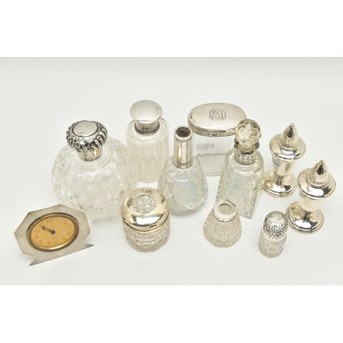 164 - A BOX OF ASSORTED SILVER TOPPED TOILET JARS AND SCENT BOTTLES, to include a round glass scent bottle... 