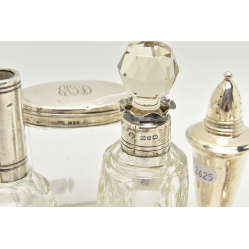 164 - A BOX OF ASSORTED SILVER TOPPED TOILET JARS AND SCENT BOTTLES, to include a round glass scent bottle... 