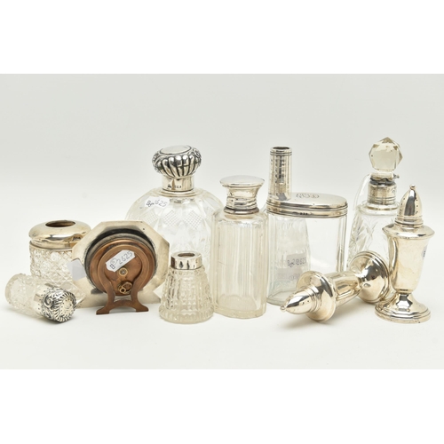 164 - A BOX OF ASSORTED SILVER TOPPED TOILET JARS AND SCENT BOTTLES, to include a round glass scent bottle... 