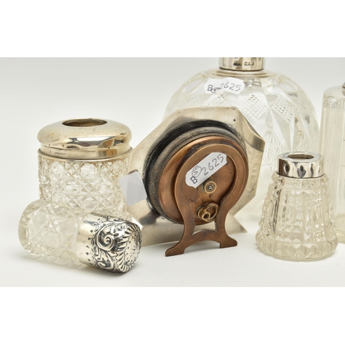 164 - A BOX OF ASSORTED SILVER TOPPED TOILET JARS AND SCENT BOTTLES, to include a round glass scent bottle... 