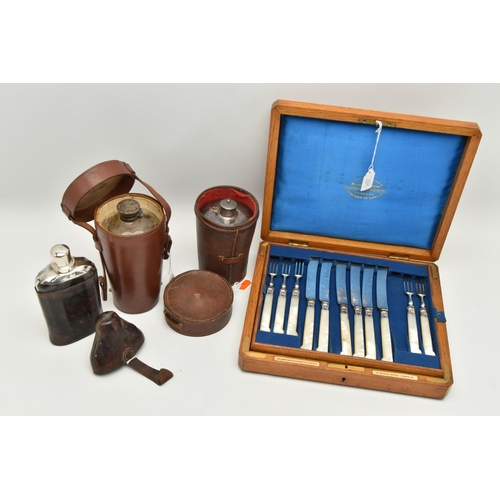 165 - THREE LEATHER CASED DRINKING ITEMS AND A LATE VICTORIAN OAK CASED CANTEEN OF MOTHER OF PEARL HANDLED... 