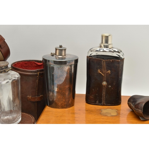 165 - THREE LEATHER CASED DRINKING ITEMS AND A LATE VICTORIAN OAK CASED CANTEEN OF MOTHER OF PEARL HANDLED... 