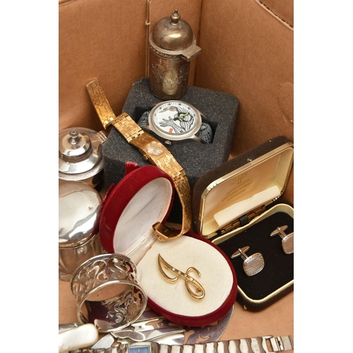 166 - A BOX OF SILVER AND OTHER ITEMS, to include a glass scent bottle with silver hinged cover and glass ... 