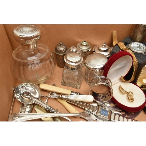 166 - A BOX OF SILVER AND OTHER ITEMS, to include a glass scent bottle with silver hinged cover and glass ... 