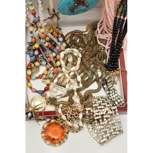 168 - A SMALL BOX OF COSTUME JEWELLERY, to include a mother of pearl bead necklace, beaded necklaces, pend... 