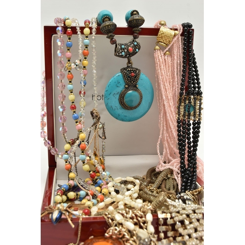 168 - A SMALL BOX OF COSTUME JEWELLERY, to include a mother of pearl bead necklace, beaded necklaces, pend... 