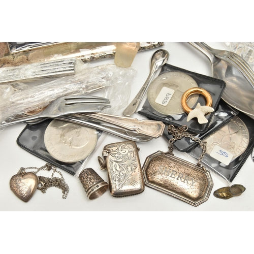 170 - A SHOE BOX OF SILVER AND OTHER ITEMS, to include a small rectangular vesta case, detailed with a fol... 