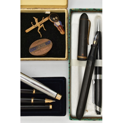 173 - A BOX OF ASSORTED ITEMS, to include a 'Cross' fountain pen, a boxed 'Ronson' three piece set contain... 