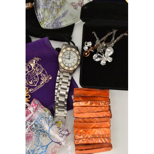 174 - A SHOE BOX OF ITEMS, to include a small quantity of ladies quartz fashion wristwatches names to incl... 