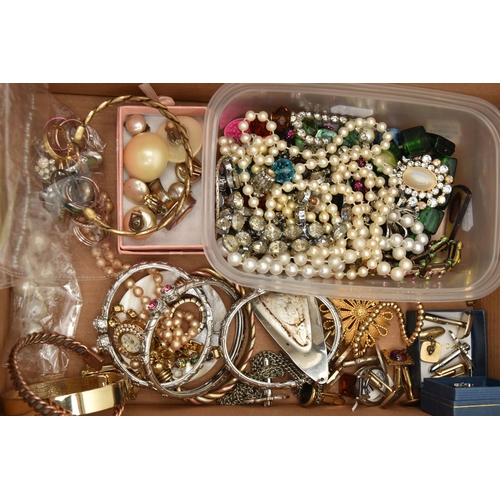 174 - A SHOE BOX OF ITEMS, to include a small quantity of ladies quartz fashion wristwatches names to incl... 