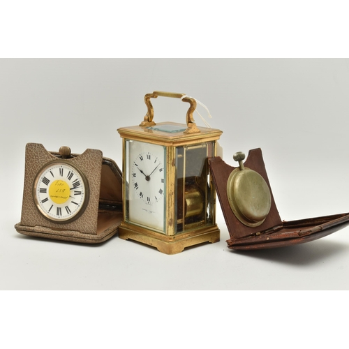 178 - A BRASS CARRIAGE CLOCK AND TWO TRAVEL CLOCKS, the first a rectangular form carriage clock signed 'Go... 