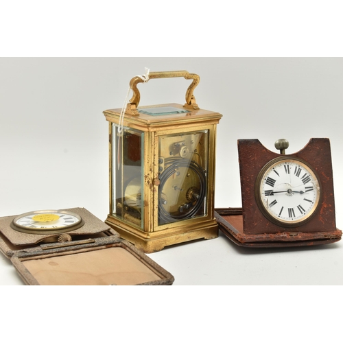 178 - A BRASS CARRIAGE CLOCK AND TWO TRAVEL CLOCKS, the first a rectangular form carriage clock signed 'Go... 