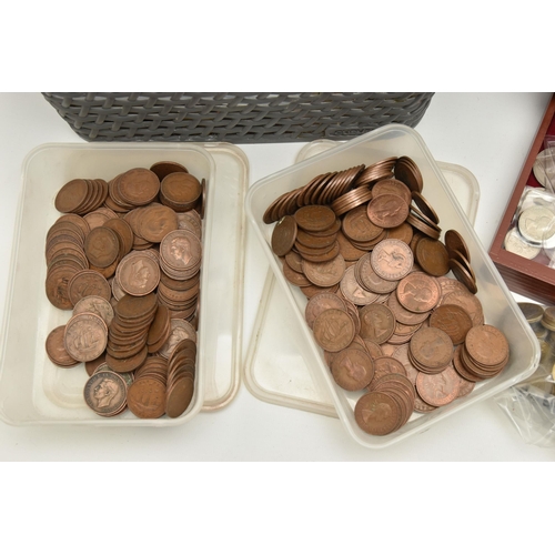 212 - A WOODEN THREE DRAWER BOX AND PLASTIC CRATE CONTAINING MIXED COINAGE, to include amounts of copper c... 