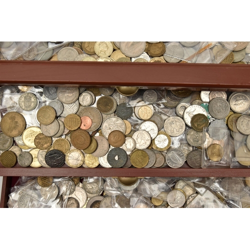 212 - A WOODEN THREE DRAWER BOX AND PLASTIC CRATE CONTAINING MIXED COINAGE, to include amounts of copper c... 