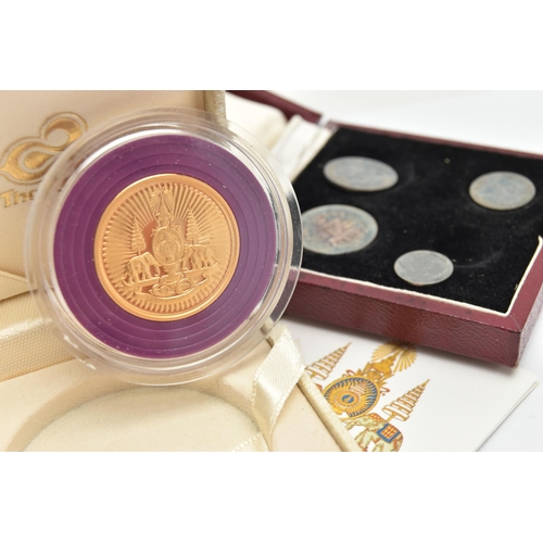 214 - 1894 ROYAL MINT CASED MAUNDY MONEY COINS 1D-4D, together with a gold plated medallion for Thai Airwa... 