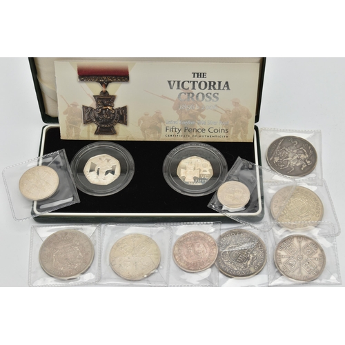 216 - A PARCEL CONTAINING SILVER UK COINAGE, to include The Victoria Cross 2 coin set of 50p silver proof ... 