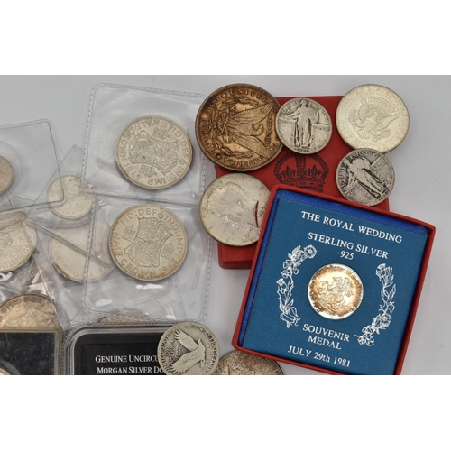 218 - A PARCEL CONTAINING UK MID 20TH CENTURY SILVER COINS TO INCLUDE USA COINAGE, etc