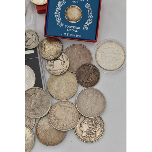 218 - A PARCEL CONTAINING UK MID 20TH CENTURY SILVER COINS TO INCLUDE USA COINAGE, etc