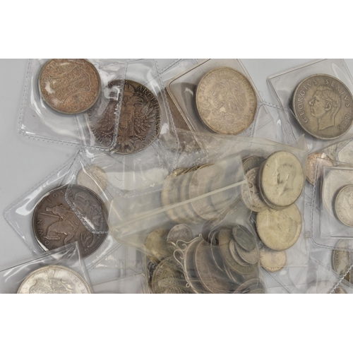 218 - A PARCEL CONTAINING UK MID 20TH CENTURY SILVER COINS TO INCLUDE USA COINAGE, etc