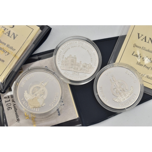 222 - THREE ENCAPSULATED COINS, to include a 1994 Vanuatu Silver Proof coin with COA, a Vanuatu 1953-1993 ... 