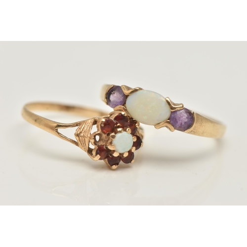 224 - TWO LADIES 9CT GOLD RINGS, to include a boxed opal and purple cubic zirconia ring, on a polished ban... 