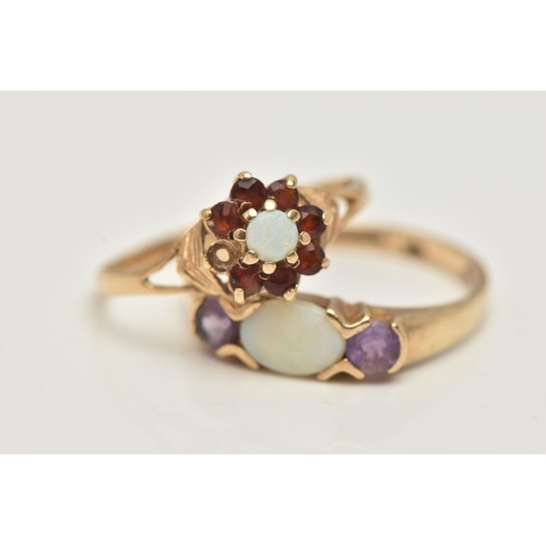 224 - TWO LADIES 9CT GOLD RINGS, to include a boxed opal and purple cubic zirconia ring, on a polished ban... 