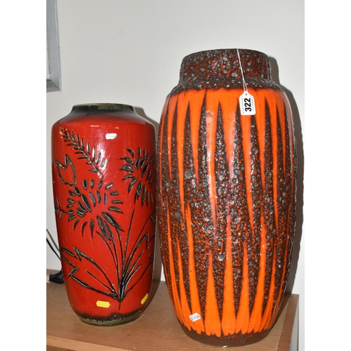 322 - TWO MID-TWENTIETH CENTURY WEST GERMAN FLOOR VASES, comprising a West German Pottery Fat Lava Vase in... 