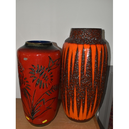 322 - TWO MID-TWENTIETH CENTURY WEST GERMAN FLOOR VASES, comprising a West German Pottery Fat Lava Vase in... 