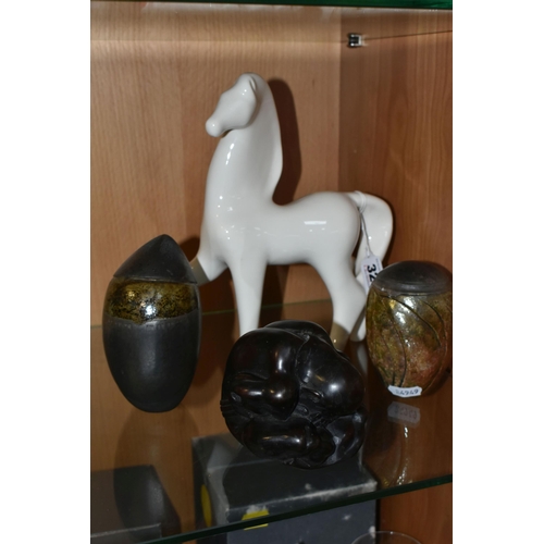 327 - A KRAVSKO WHITE HORSE, TWO ART POTTERY POTS AND CARVED FIGURE, comprising a white stylised figure of... 