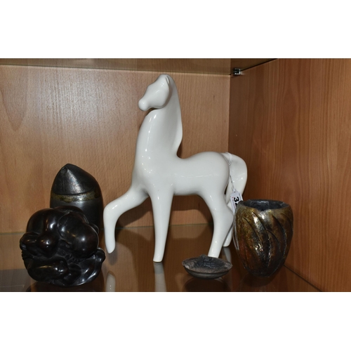 327 - A KRAVSKO WHITE HORSE, TWO ART POTTERY POTS AND CARVED FIGURE, comprising a white stylised figure of... 