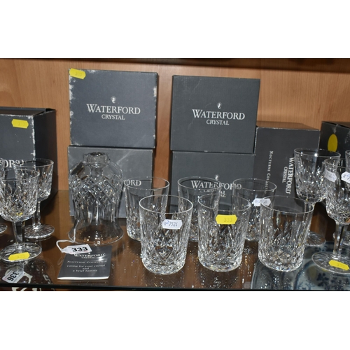 333 - A GROUP OF BOXED WATERFORD 'LISMORE' PATTERN GLASSES, comprising eight white wine glasses, six port ... 