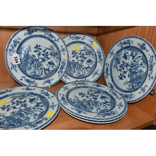 334 - A SET OF SIX CHINESE PORCELAIN PLATES, blue and white, decorated with a traditional farming scene an... 