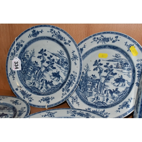 334 - A SET OF SIX CHINESE PORCELAIN PLATES, blue and white, decorated with a traditional farming scene an... 