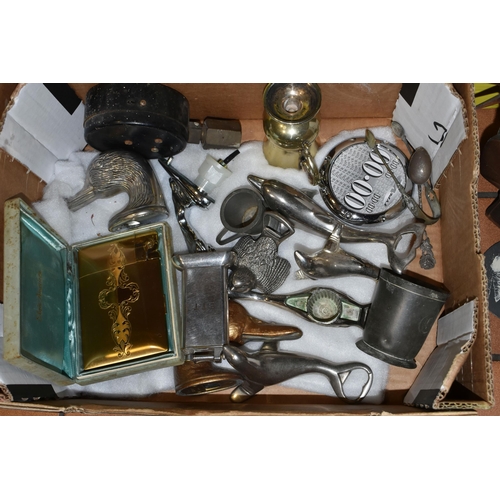 337 - TWO BOXES OF METALWARE, to include an Art Deco silverplate desk top lighter by Dunhill, monogrammed ... 