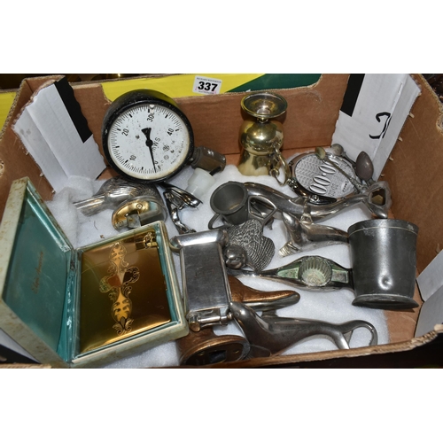 337 - TWO BOXES OF METALWARE, to include an Art Deco silverplate desk top lighter by Dunhill, monogrammed ... 