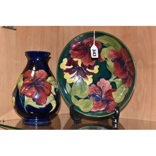 343 - A LARGE MOORCROFT POTTERY BOWL AND VASE, comprising a bowl decorated with the Hibiscus pattern on a ... 