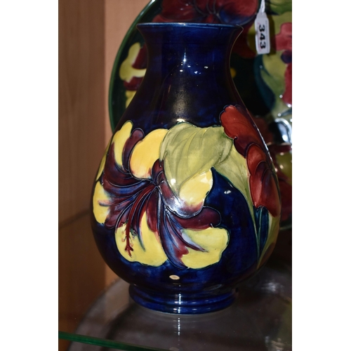 343 - A LARGE MOORCROFT POTTERY BOWL AND VASE, comprising a bowl decorated with the Hibiscus pattern on a ... 