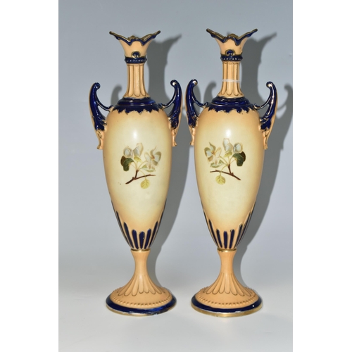 345 - A PAIR OF LATE NINETEENTH CENTURY AUSTRIAN PEDESTAL VASES, hand painted blossom design on a blush iv... 