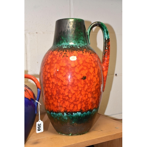 350 - A MID TWENTIETH CENTURY FLOOR VASE AND TWO LARGE JUGS,  comprising a large red, green and black jug,... 