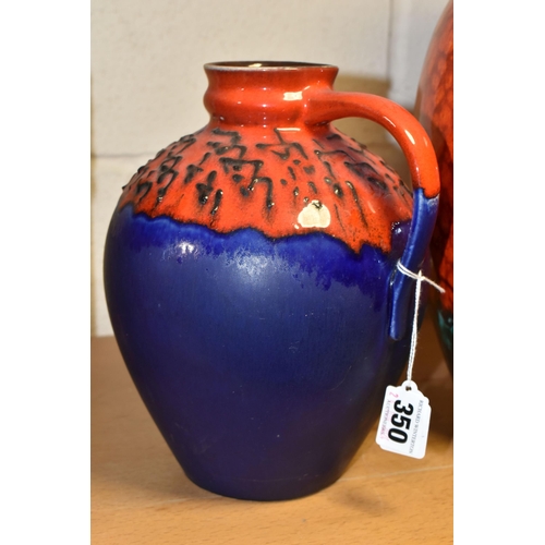 350 - A MID TWENTIETH CENTURY FLOOR VASE AND TWO LARGE JUGS,  comprising a large red, green and black jug,... 