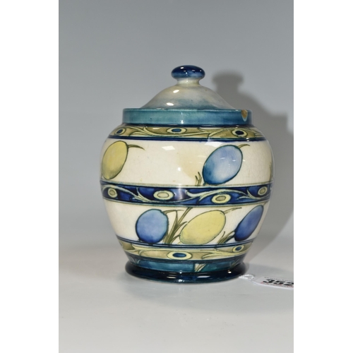 352 - A MOORCROFT POTTERY 'BANDED HONESTY' PATTERN POT, circa 1930, the main central blue and green design... 